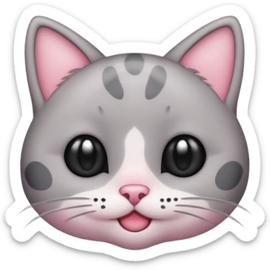 Cute emoji of a small gray cat with black spots, big shiny kawaii eyes, tiny pink nose, and a sweet smiling expression. Minimalist design, clean vector style, high resolution, soft pastel colors, with a transparent background. sticker