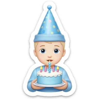 cute baby boy with pastel blue birthday hat and blue cake sticker