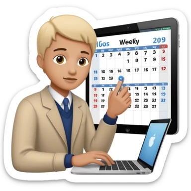 weekly calendar next to person adjusting it with laptop sticker