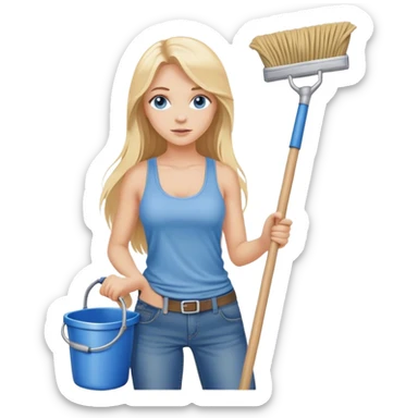 Cinematic realistic blonde with long hair and blue eyes, dressed in jeans and a tank top, holding a mop in her hands sticker