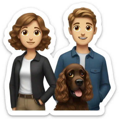 brown-haired girl and brown-haired boy with a black cocker spaniel sticker