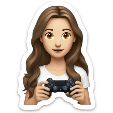 Caucasian Girl with long Brown hair holding a playstation 4 controller turned to her looking at a screen sticker