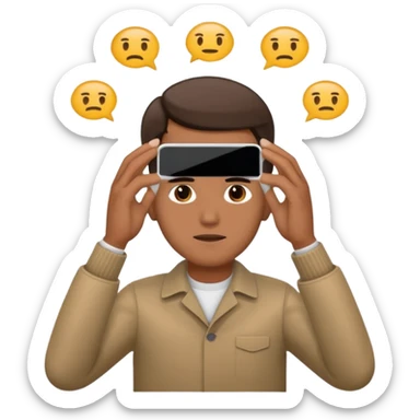 a guy holding an smartphone with both hands in landscape mode in front of his forehead sticker
