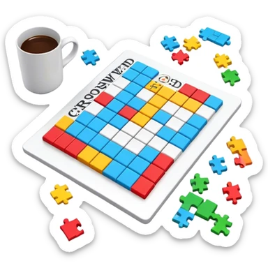 A photorealistic icon with a colorful, fragmented crossword magazine, a 3D puzzle, and a partially completed puzzle on a table. Bright, detailed design with realistic lighting. Transparent background, clearly symbolizing puzzles and brain games. sticker