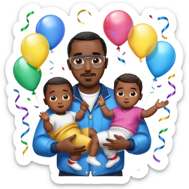 Diddy holding baby oil at a party with balloons and confetti and banners oiled up with kids oiled up sticker