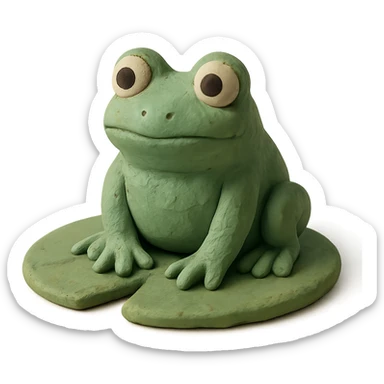 a green frog sitting on a lily pad, claymation style, pastel colors, visible fingerprints sticker