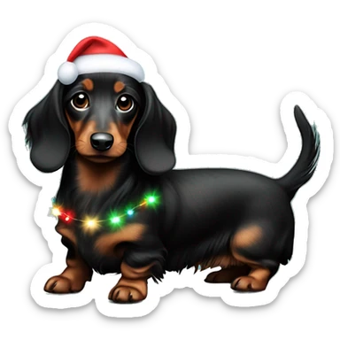 Miniature long haired dachshund brindle and black with Christmas lights sticker
