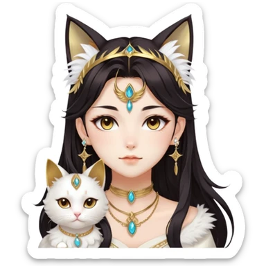 Beautiful gorgeous anime cat-lady with beautiful dark-brown-special-hair, fashion aesthetic, ethereal, feather, accessories, gold jewelries, Sumerian, Genshin Impact, Tufted cat ears, sticker