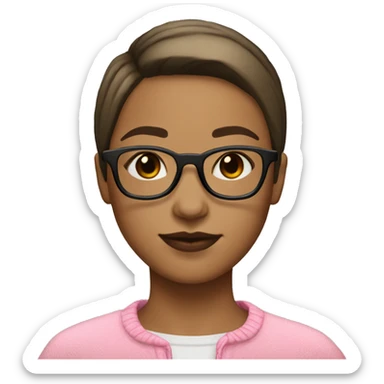 Girl with glasses with  brown very short straight hair light skin brown eyes glasses pink lips mole on chin sticker