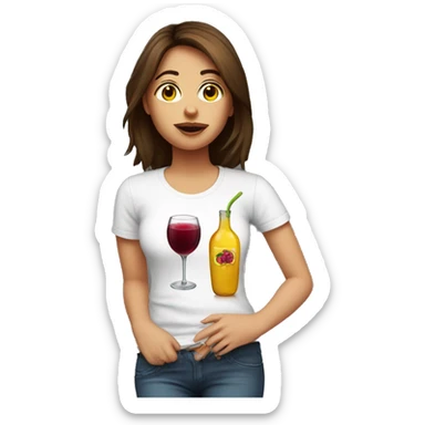 girl in brown hair, white t-shirt with sangria and with hangover on her arm sticker