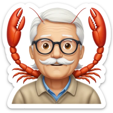 senior lobster with white hair and glasses, elderly lobster character with white eyebrows and whiskers, wearing round glasses sticker