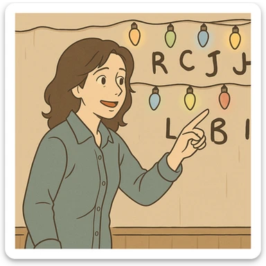 Joyce Byers trying to communicate with Will through Christmas lights on the wall, hopeful expression, standing and pointing at the lights, simple line art, light pastel tones, thick outlines, Ghibli style, 1:1 format sticker