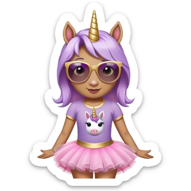 head and shoulders portrait of a friendly anthropomorphised female unicorn in tutu and pink t-shirt, wearing dark sunglasses, lavender and gold color scheme sticker
