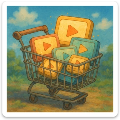 shopping cart with video player icons inside, ghibli style sticker