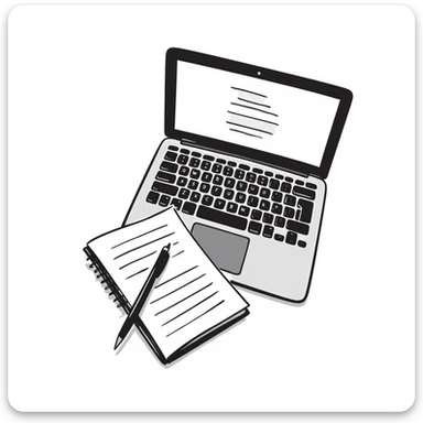 top view of a MacBook and a notebook with a pen nearby, different arrangement sticker