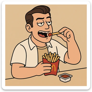 Side oil head brown hair white shirt beige shirts  eating mcdonalds fries some sauce sticker