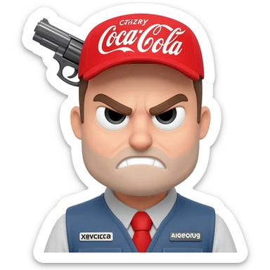 grumpy coca-cola guy with a gun on his head sticker