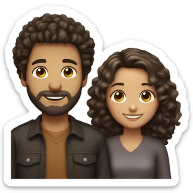 Happy couple : girl brown hair and brown eyes, boy dark curly hair with beard sticker