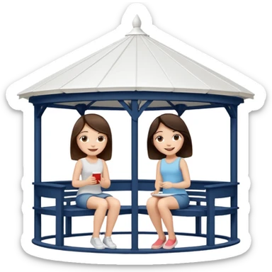 Two small brunette women sitting under a large white gazebo sticker