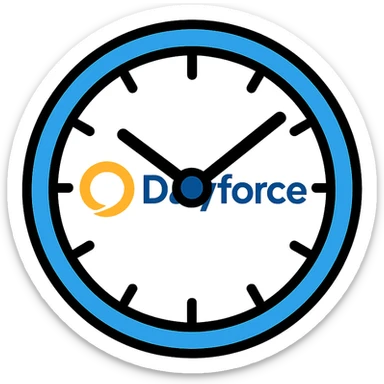 analog clock with blue accents and Dayforce logo in center sticker