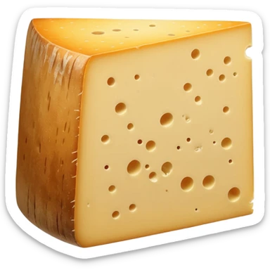 thick wedge of cantal cheese with firm pale yellow interior and rough natural beige-brown rind, dense slightly crumbly texture, clean slice, subtle aging marks, soft lighting, subtle shadows, emoji scale sticker