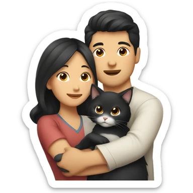 Asian Woman with black wavy hair hugging asian man holding a cat sticker