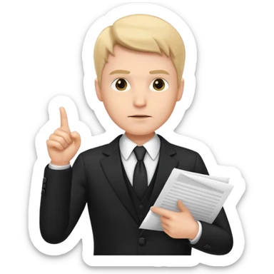 A white man in a black suit stands with a serious face and points at his hand holding papers. sticker