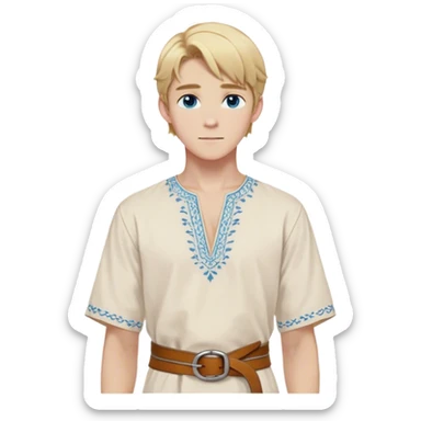 Medieval summer outfit worn by a DnD themed fantasy male character. Light cotton tunic in natural cream color with short sleeves, embroidered with simple floral patterns at the hem, paired with a thin leather belt. Clothes only above the waist, full waist coverage. The character has no arms. Character is white-skinned with golden blonde hair styled in a classic page-cut that falls just above the ears, slightly longer in the back, bright blue eyes, and youthful features. sticker