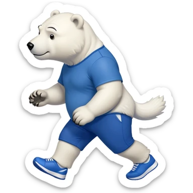 muscular friendly anthropomorphised polar bear walking confidently, wearing a royal blue t-shirt, black pants, and white trainers sticker