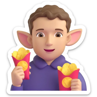 Man with short wavy hair, large ears, holding potato chips sticker