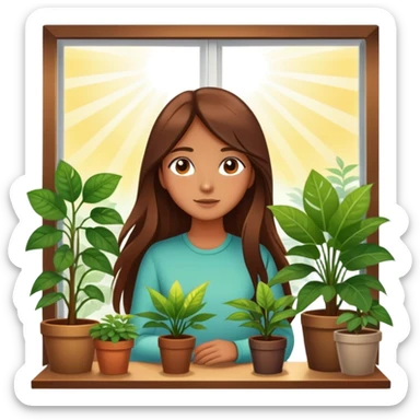 Girl with long brown hair looking out a window with sunbeams and houseplants around her in the background cartoon style  sticker