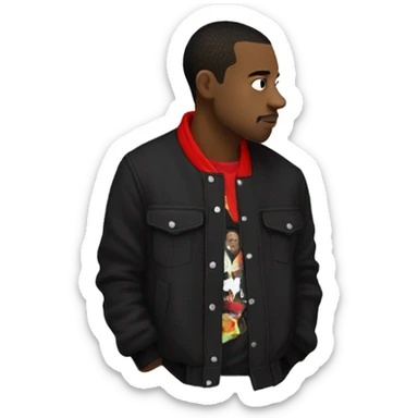 side profile of a hip hop artist. he is wearing a black jacket. the jacket also has a red collar.  sticker
