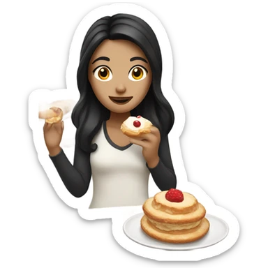 white girl with black hair eating pastry sticker