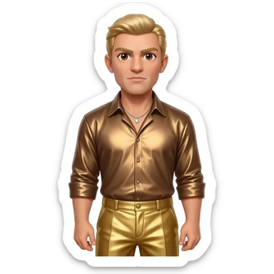 Auric Goldfinger from James Bond with brown eyes, blonde hair, bronze metallic shirt, gold metallic baggy pants, silver necklace sticker