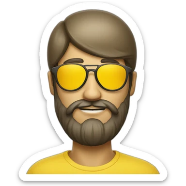 a man with a beard wearing yellow sunglasses with a mushroom on his head sticker