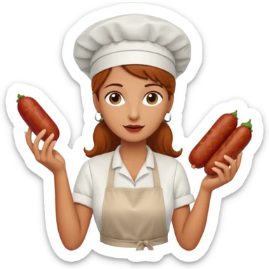 Charcuteraa con un chorizo y embutido en la mano con una redecilla en el pelo y delantal blanco sticker