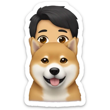 Shiba-inu cuddles man with curly black hair withou beard sticker