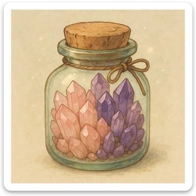 amethyst and rose quartz crystal pieces in a jar, natural colors, soft, fairy-like atmosphere, no background, square size sticker