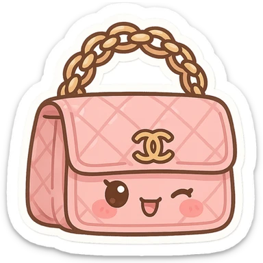 pink Chanel purse with a winking face, cute and exaggerated chibi stickers style sticker