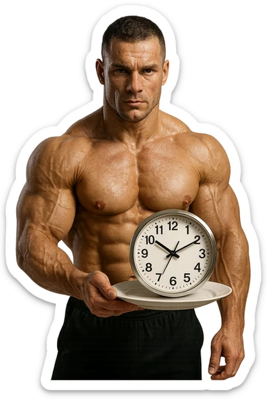 bodybuilder che ha un piatto in mano con un orologio che simboleggia il digiuno intermittente, iperrealistico 4k sticker