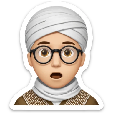 A person with light skin tone, wearing a traditional white shemagh with a BALCK AGAL, large brown eyes, round glasses, and an open mouth showing a surprised or shocked expression. sticker