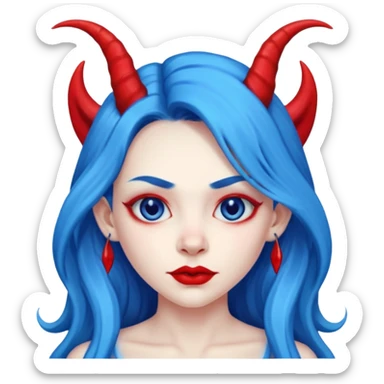 Female devil with long blue hair and horns,  cute face, half body sticker