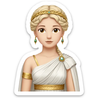 An emoji portrait of an ancient Roman princess. She wears a white stola dress with a gold-trimmed palla draped over her shoulders. She has an intricate braided hairstyle adorned with a delicate gold diadem. Her expression is calm and dignified. sticker