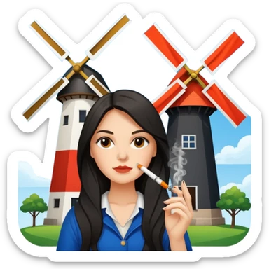 Windmill with on top ot the building a dutch flag and a white girl with dark long hair smoking a joint sticker