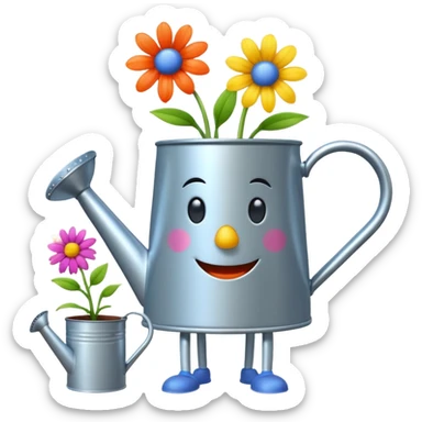 give me a watering can with legs. anthropomorphise the can. have the can watering 3 plants on the grown (flowers) sticker