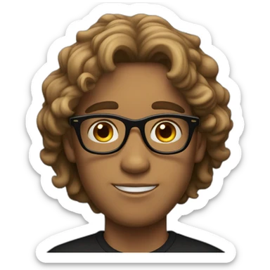 Light Brown guy, wavy hair, no facial hair, round glasses, black t shirt sticker