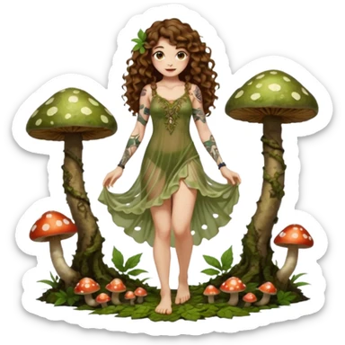 full body view of a woman with long curly brown hair, brown eyes, white skin, tattoos, wearing a sheer moss and leaf dress, standing barefoot on glowing mushrooms, confident pose, slight smirk sticker