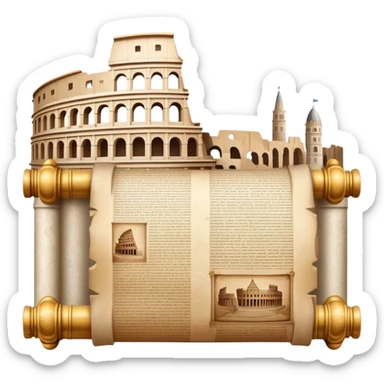 An icon featuring an ancient scroll, surrounded by famous historical landmarks and statues of notable figures, like the Colosseum or Napoleon. The design symbolizes the exploration of history through monuments and people. Transparent background highlights the pas sticker