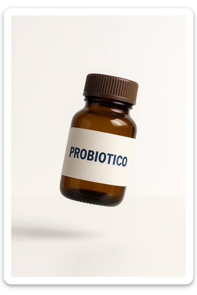 boccetta di probiotico con la scritta "PROBIOTICO" sull'etichetta fluttua in aria, realistica 4k sfondo bianco sticker