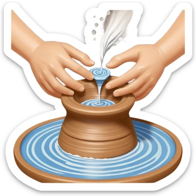 Cinematic Realistic image of a ceramic pottery wheel in action, with skilled hands shaping wet clay into a graceful form, featuring intricate details of swirling textures and gentle water splashes, illuminated by soft, artisanal lighting sticker